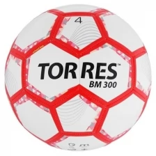 Мяч футбольный TORRES BM 300, размер 4, 28 панелей, глянцевый TPU, 2 подкладочных слоя, машинная сшивка, цвет белый/серебряный/красный
